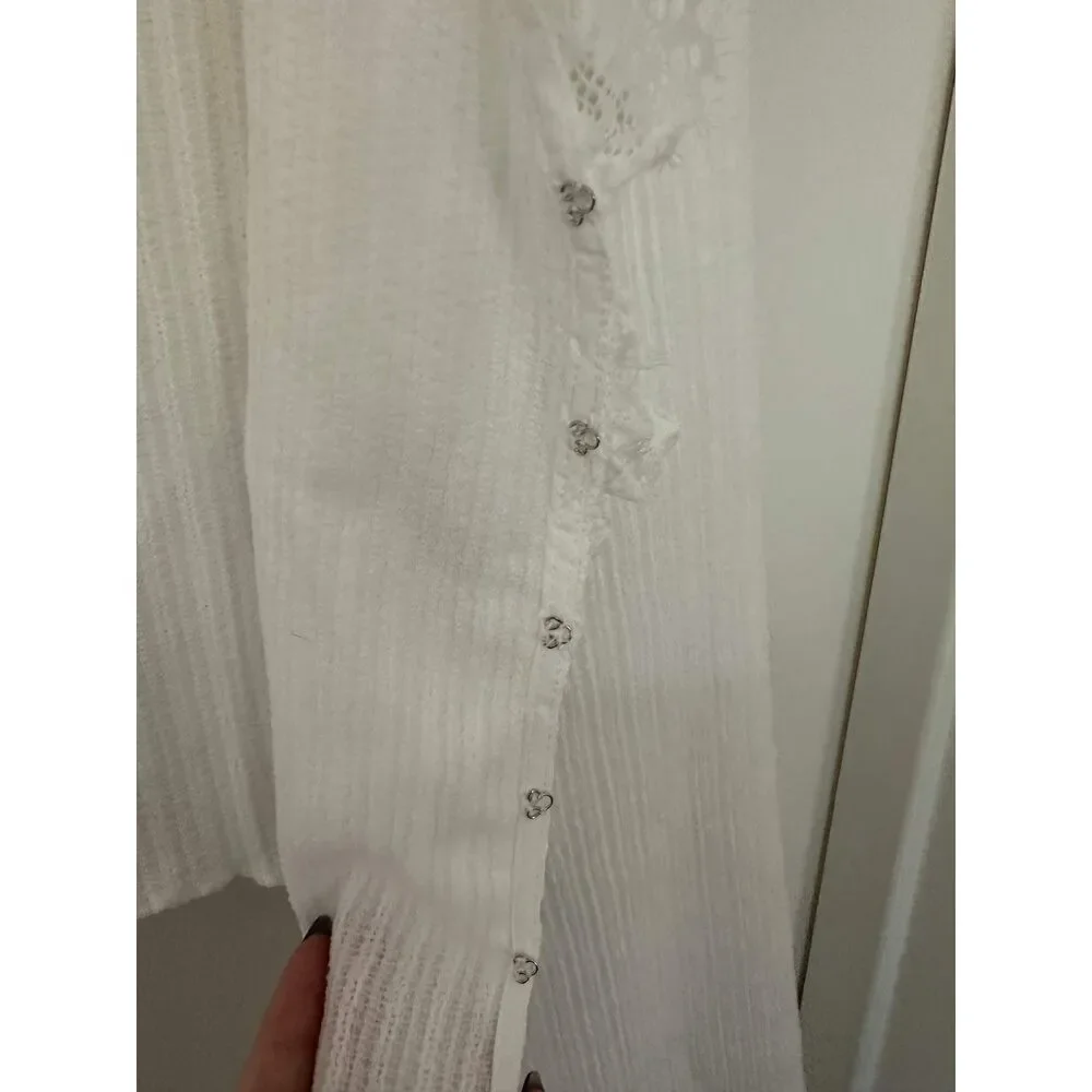 Commense White Ribbed Lace Trim Hook Front Long Sleeve Crop Top Small Boho Fairy - Picture 8 of 10